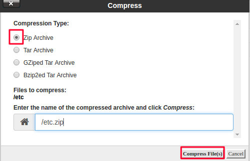 selecting compression type and archive name
